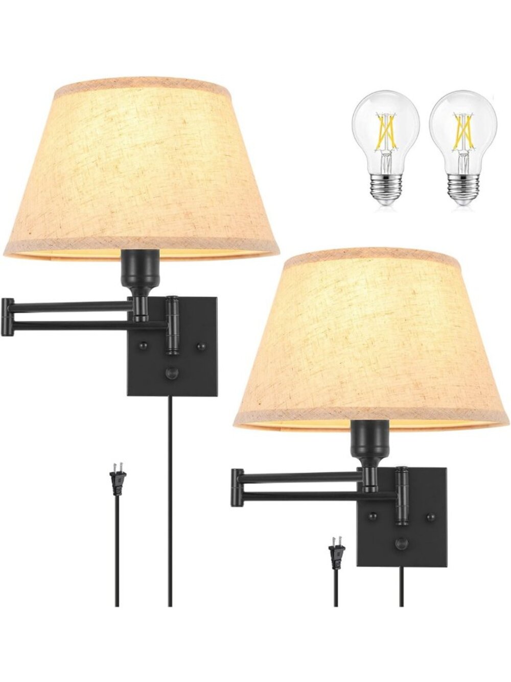 Dimmable Swing Arm Wall Sconces Set of 2 with Beige Fabric Shade & Dimmer Switch